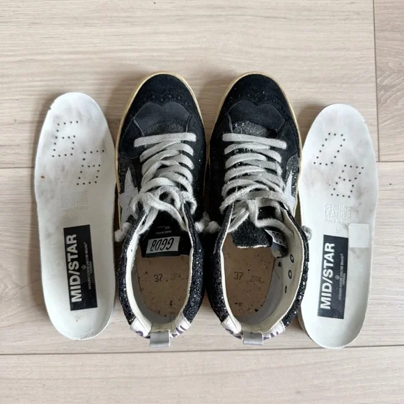 Authentic Golden Goose Mid Stars with Black Glitter Accents Size 37 - Picture 9 of 12